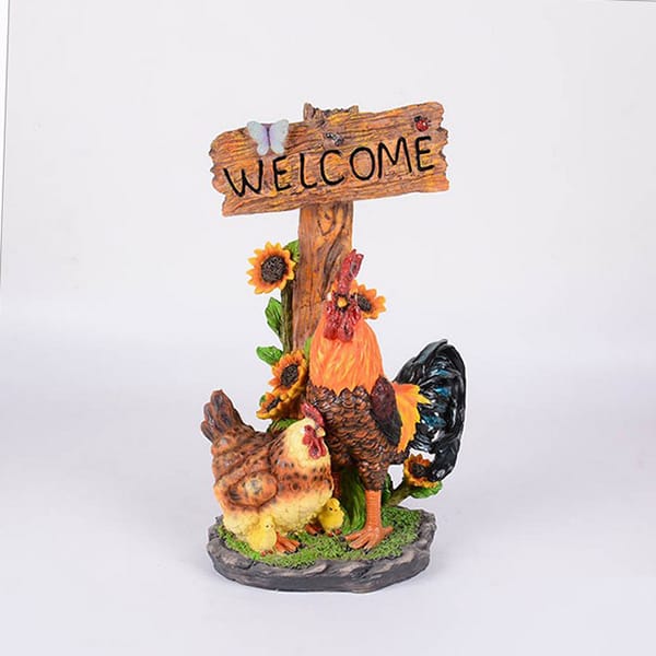 Resin Country Style Farm Animal Rooster And Hen Welcome Sign Statue